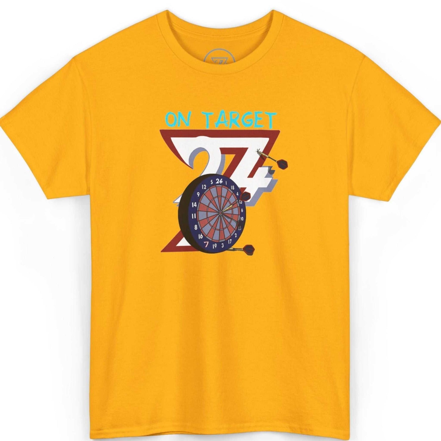 Front view of a vibrant gold vintage darts graphic tee highlighting the sketch-style design, displayed on a clean background.