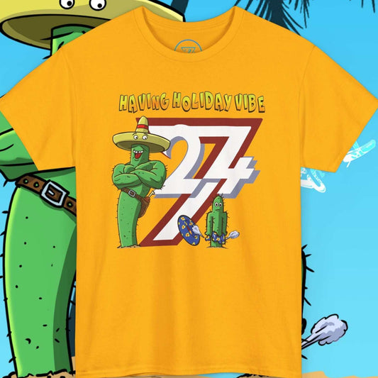 Golden yellow father-son vacation shirt showing a hilarious deflated pool floatie gag.