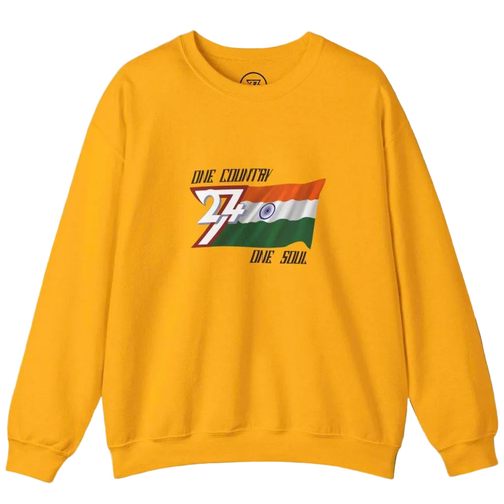 Yellow sweatshirt with India flag design and "One country one soul" slogan on chest
