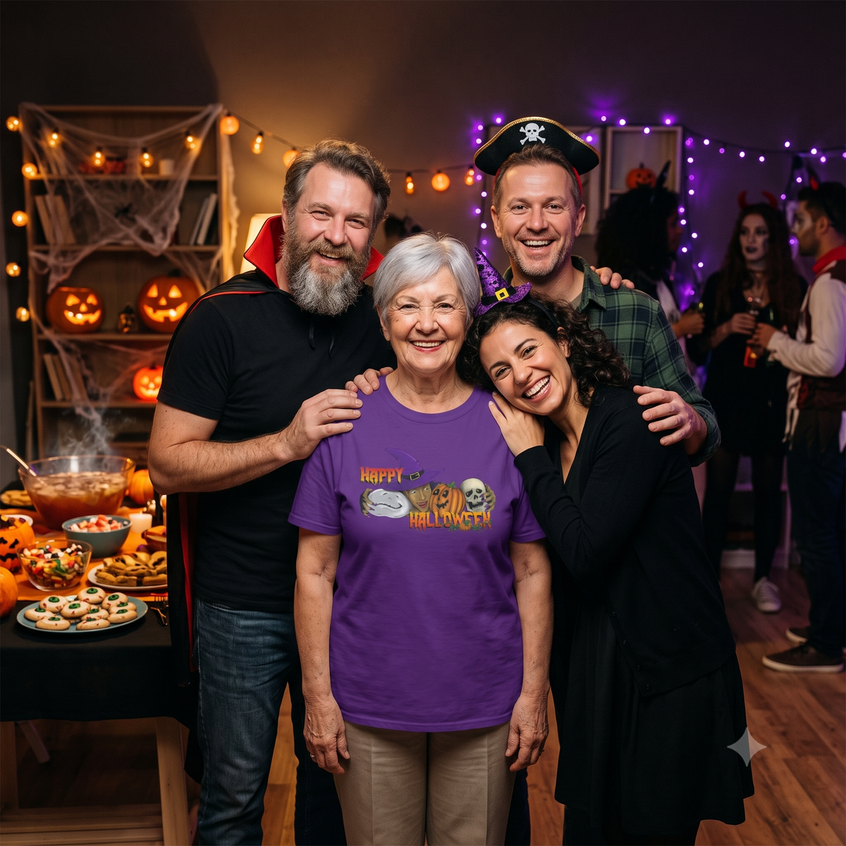Happy grandmother wearing the purple grandma Halloween gift tee, posing and smiling with her adult family members in costumes at a lively indoor Halloween party.