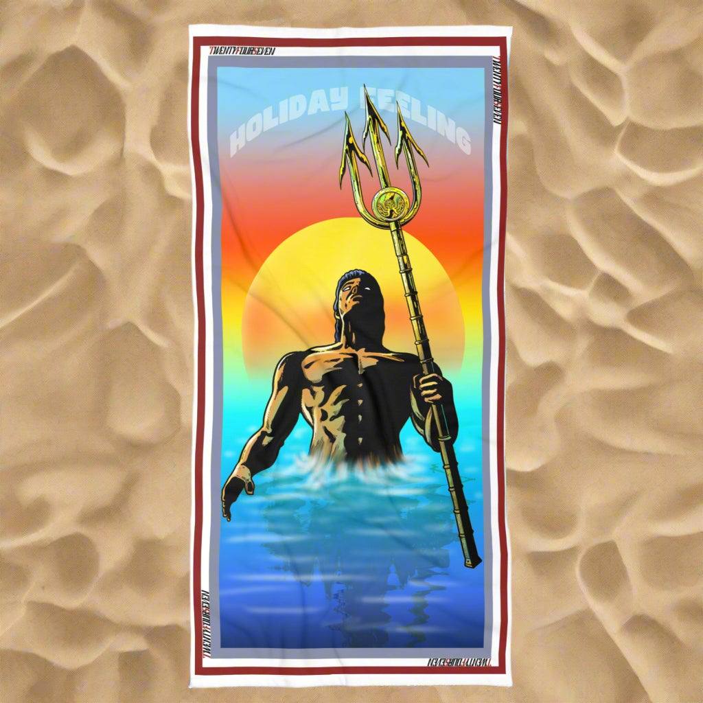 Graphic beach towel featuring a 90s comic style illustration of Poseidon holding a trident in the ocean.