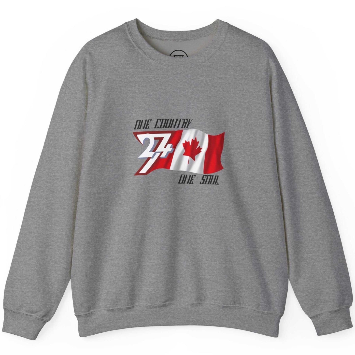 Solid graphite heather premium crewneck showcasing the 24/7 brand logo maple leaf flag integration.