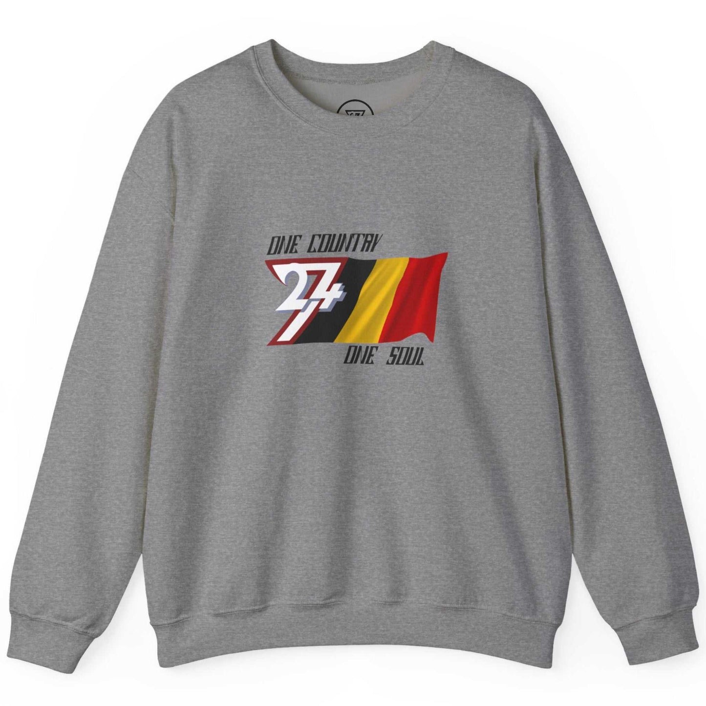 Solid graphite heather premium crewneck showcasing the 24/7 brand logo flag integration.