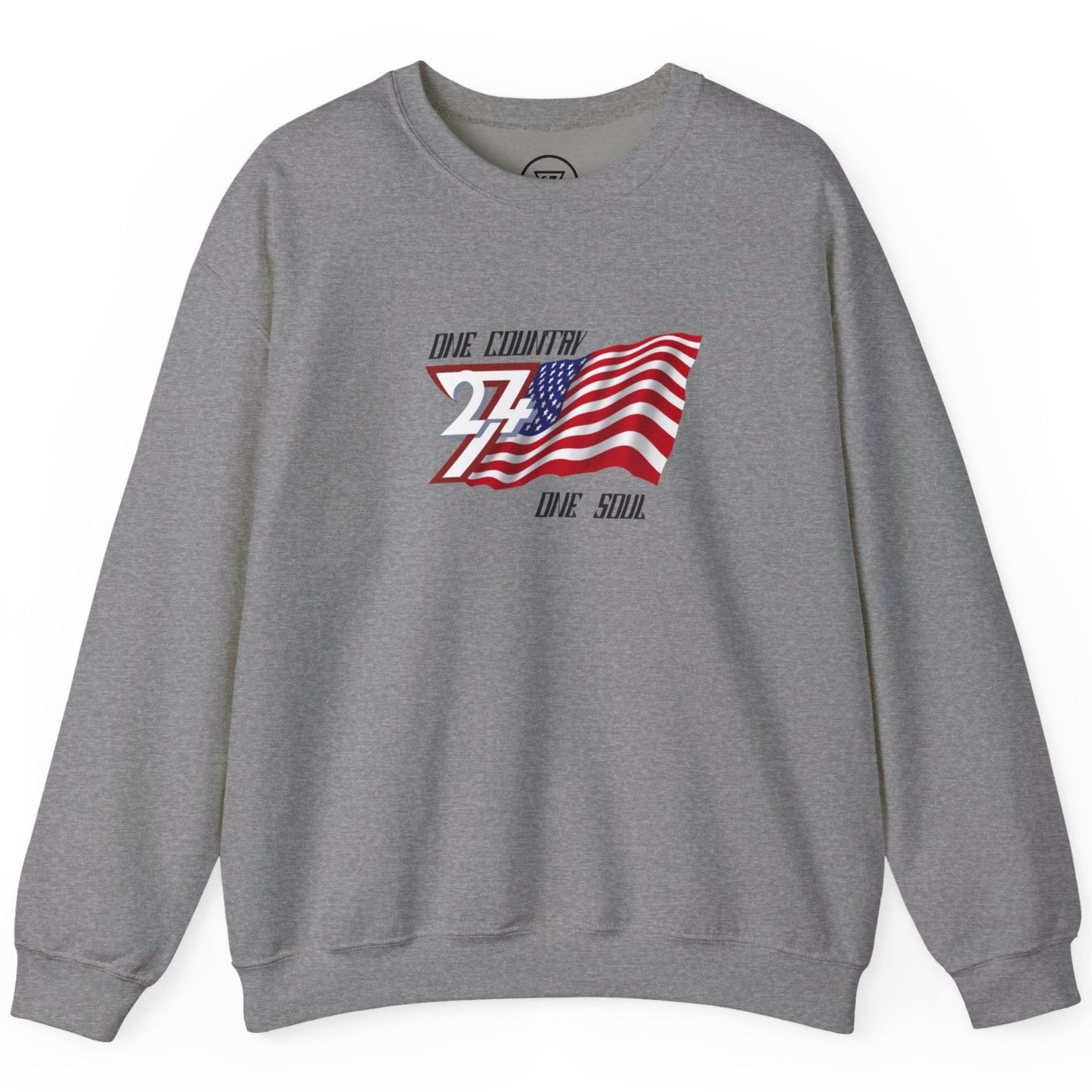 Dark graphite heather US flag pullover showcasing the classic red, white, and blue design, laid flat.