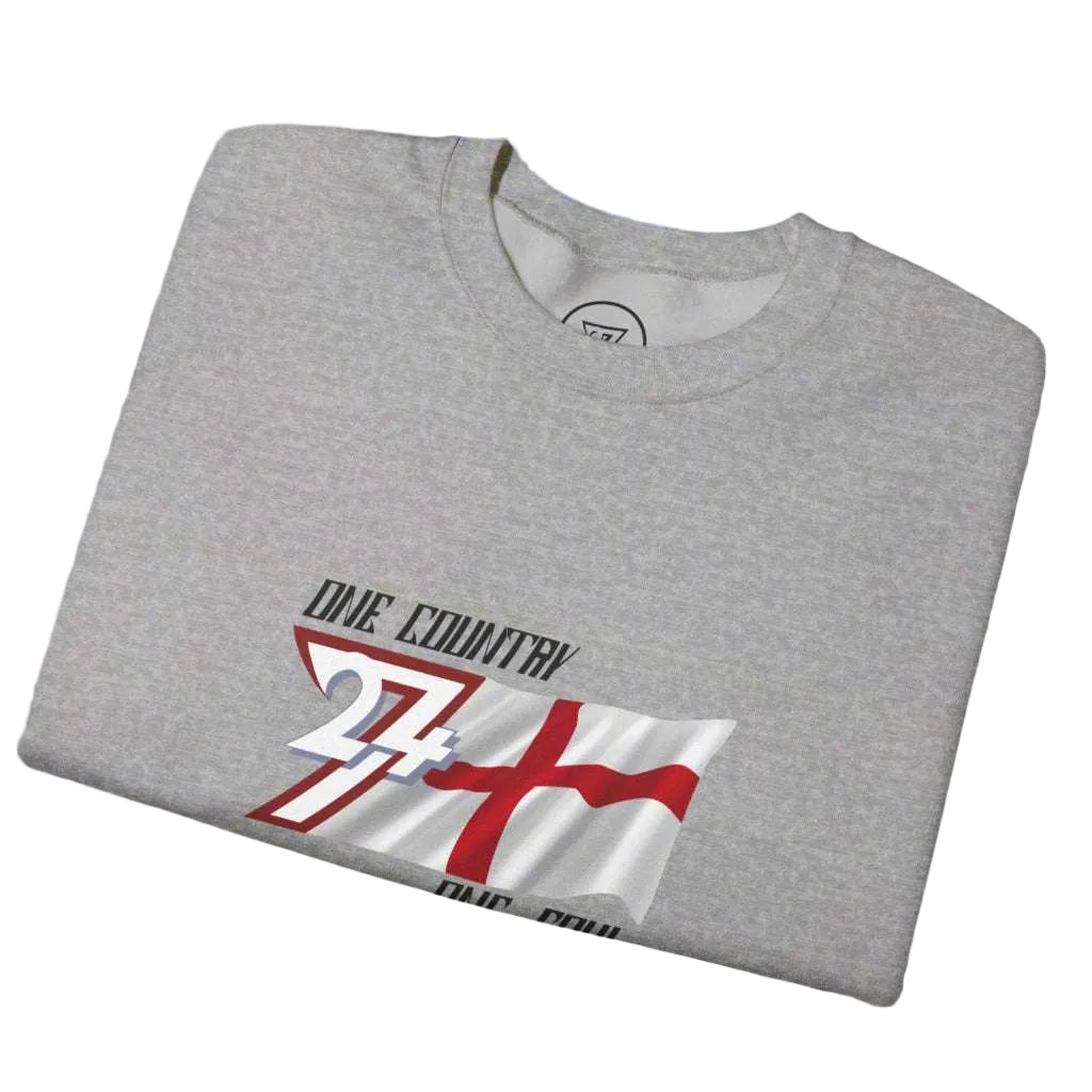 Gray England sweatshirt featuring a unique England flag design with "One Country One Soul" slogan, made of cotton-polyester blend, suitable for sports and casual wear.