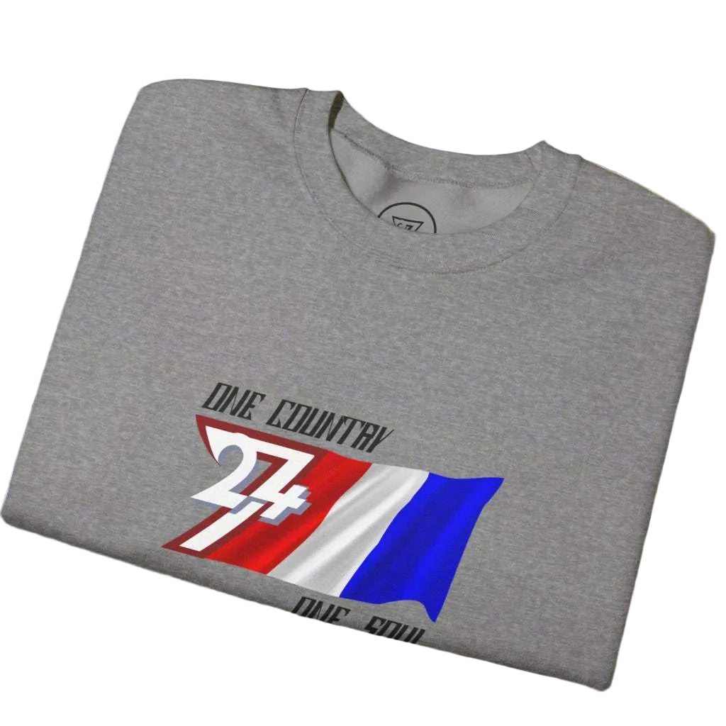 Grey unisex sweatshirt with hand-drawn France flag and "One Country One Soul" slogan, patriotic design for sports events.