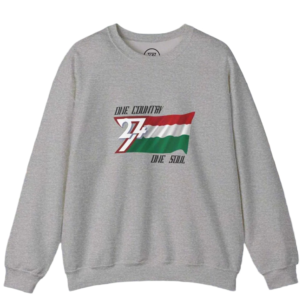 Gray unisex sweatshirt with Hungary flag design and "One country one soul" text.