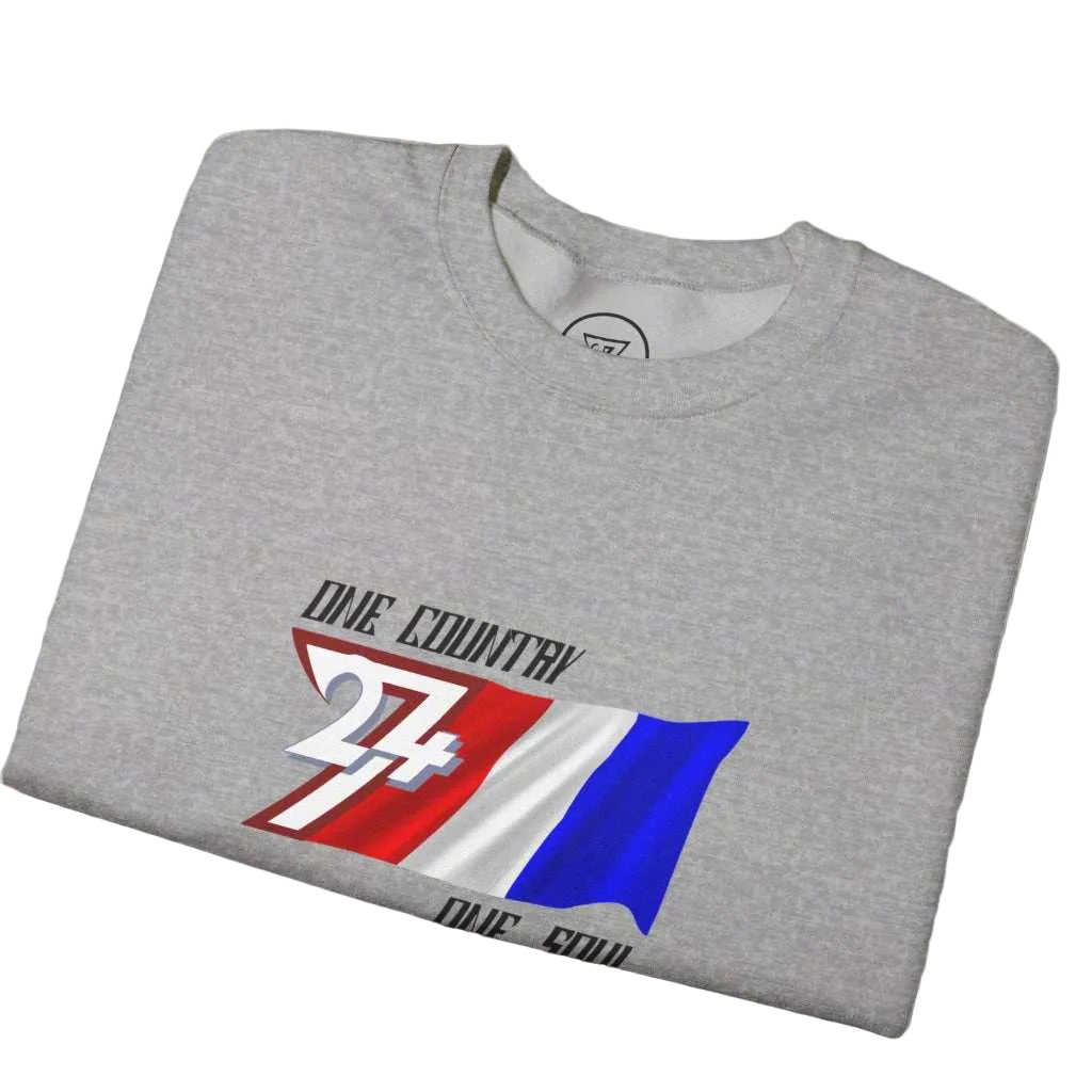 Folded grey unisex sweatshirt with hand-drawn France flag and "One Country One Soul" slogan graphic