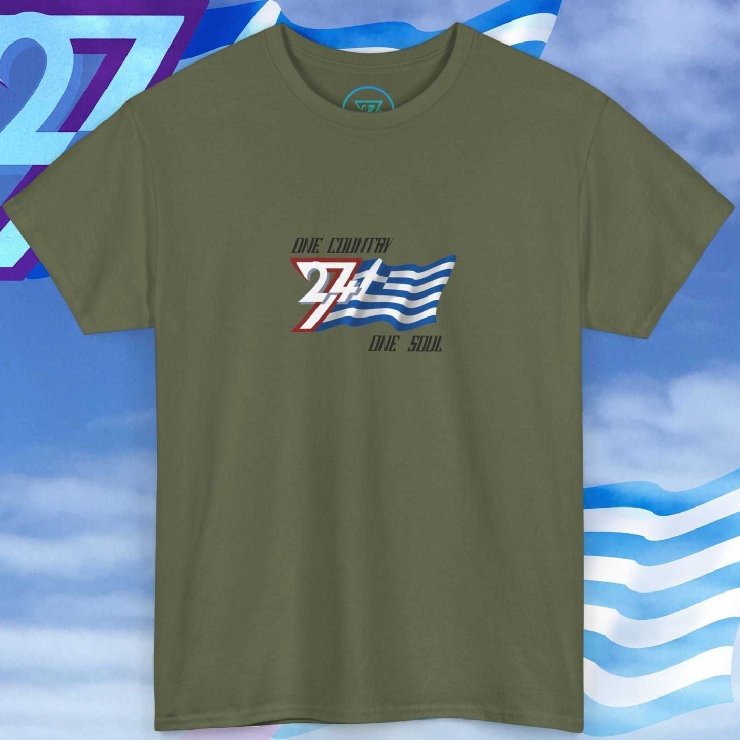Main product shot of the **Army Green** Greece "Aegean" edition tee with artistic flag textures and the "One Country One Soul" motto.