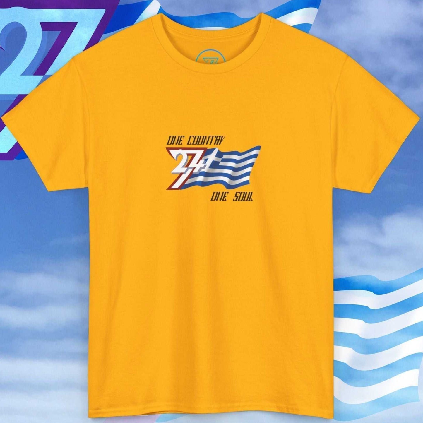 Full front view of the gold Greece heritage t-shirt, showcasing the original artist-sketched flag and the "One Country One Soul" spirit.