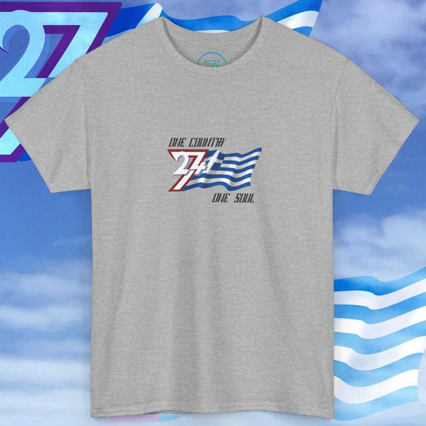 Artistic front shot of a sport gray Greece flag tee highlighting the hand-drawn stripes and "One Country One Soul" slogan.