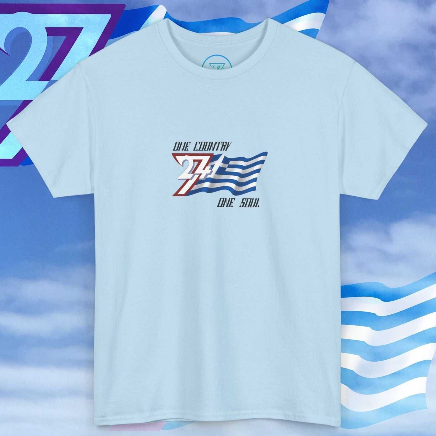 Front perspective of the premium light blue Greece flag shirt, designed with a hand-drawn finish and "One Country One Soul" branding.