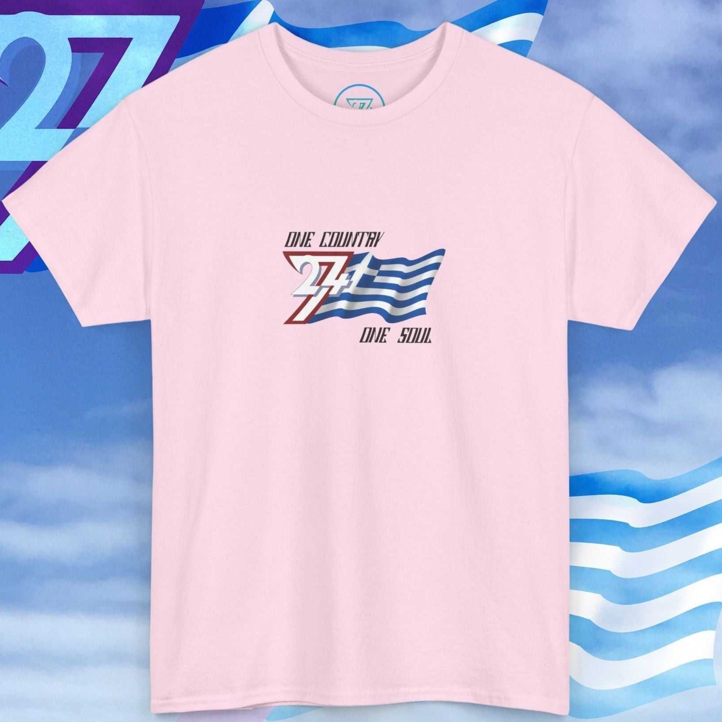 Complete front-on display of the light pink Greece pride t-shirt, featuring our exclusive "One Country One Soul" print and artist art.