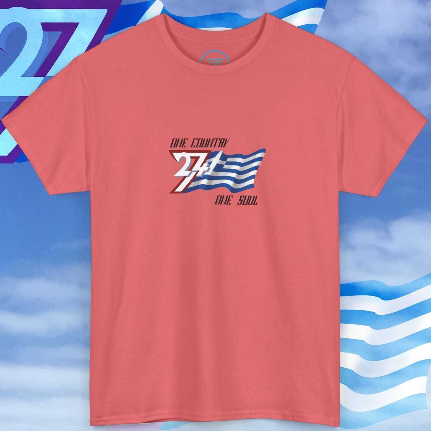 Front perspective of the premium soft coral Greece flag shirt, designed with a hand-drawn finish and "One Country One Soul" branding.