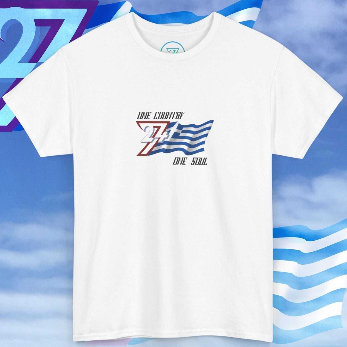 Main product shot of the white Greece "Aegean" edition tee with artistic flag textures and the "One Country One Soul" motto.