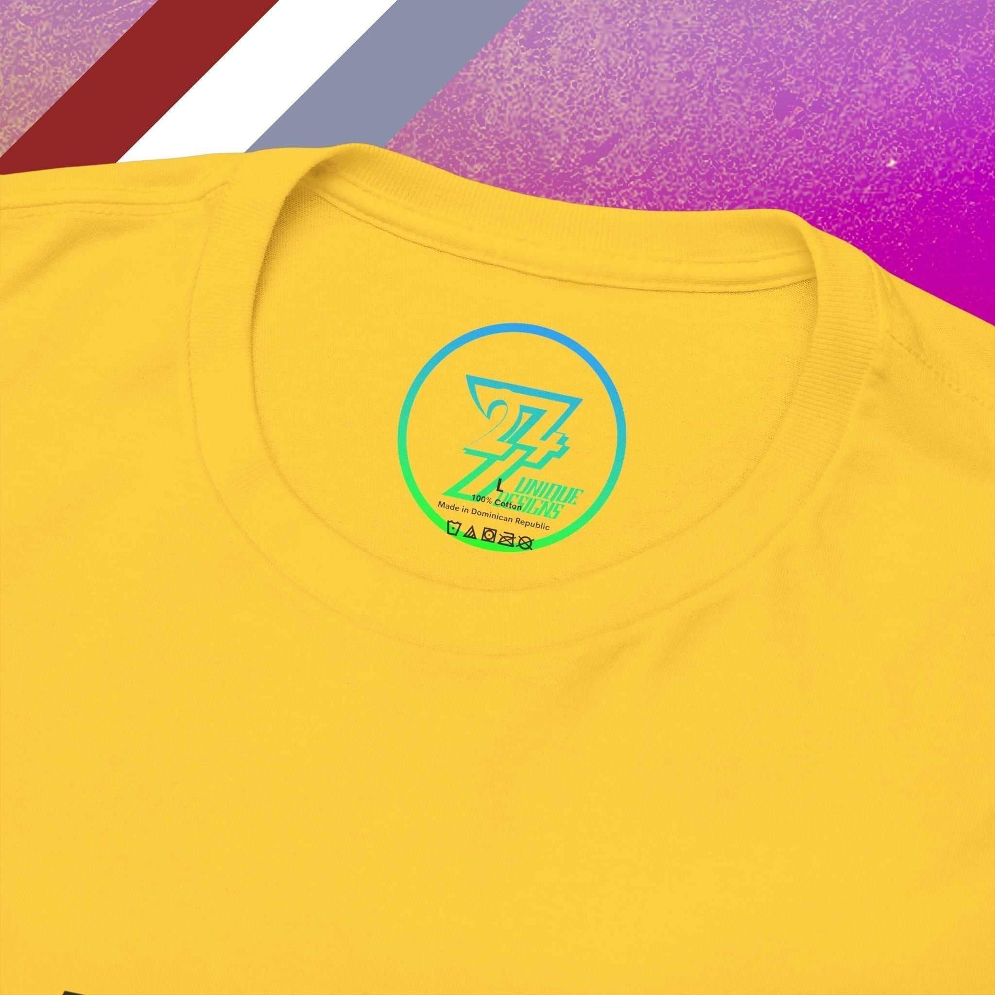Macro close-up of the inner neck label showing the authentic 24/7 Unique Designs™ trademark logo on the Greece flag tee.