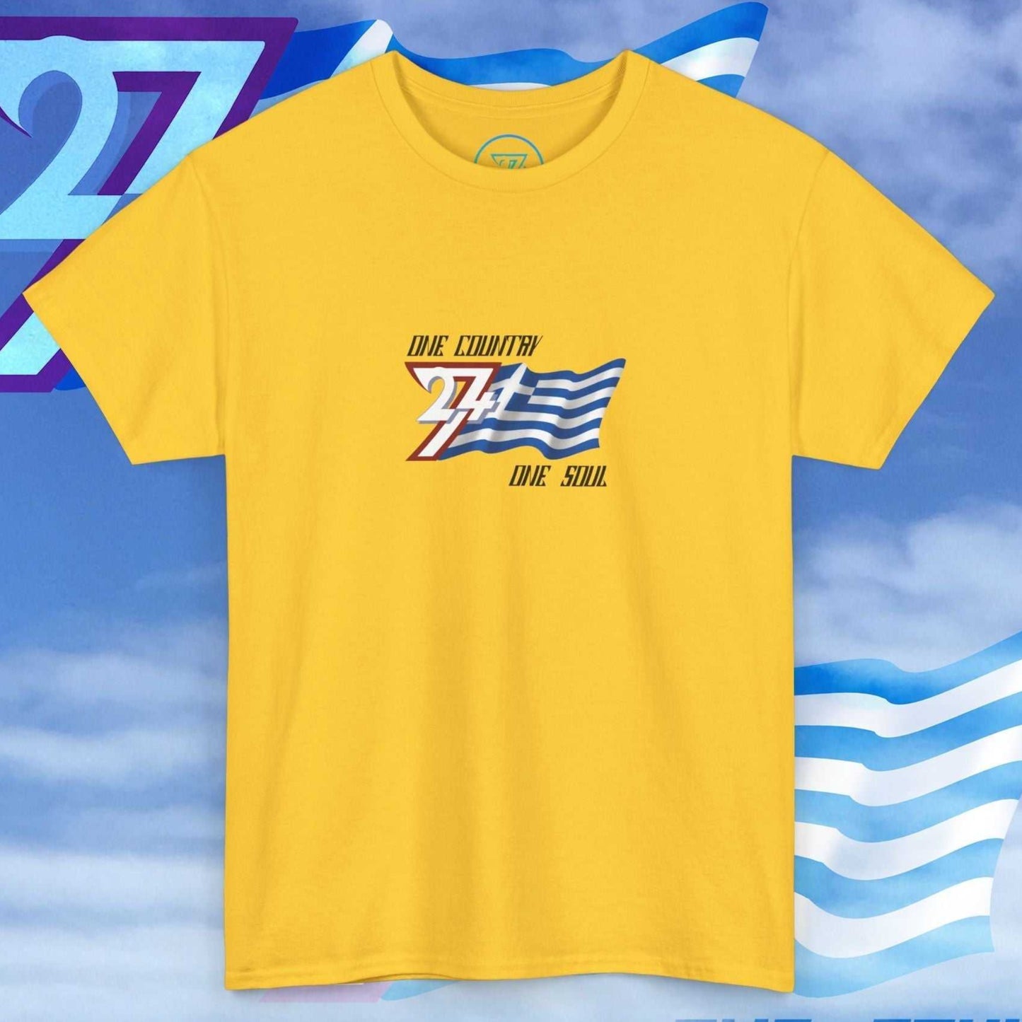 Full front view of a yellow Greece flag t-shirt featuring a hand-drawn blue and white design and "One Country One Soul" slogan.
