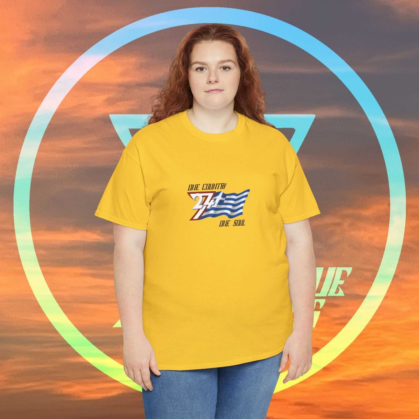 Female model wearing the Greece "Aegean" edition tee in yellow, showing a modern streetwear fit for Greek pride.