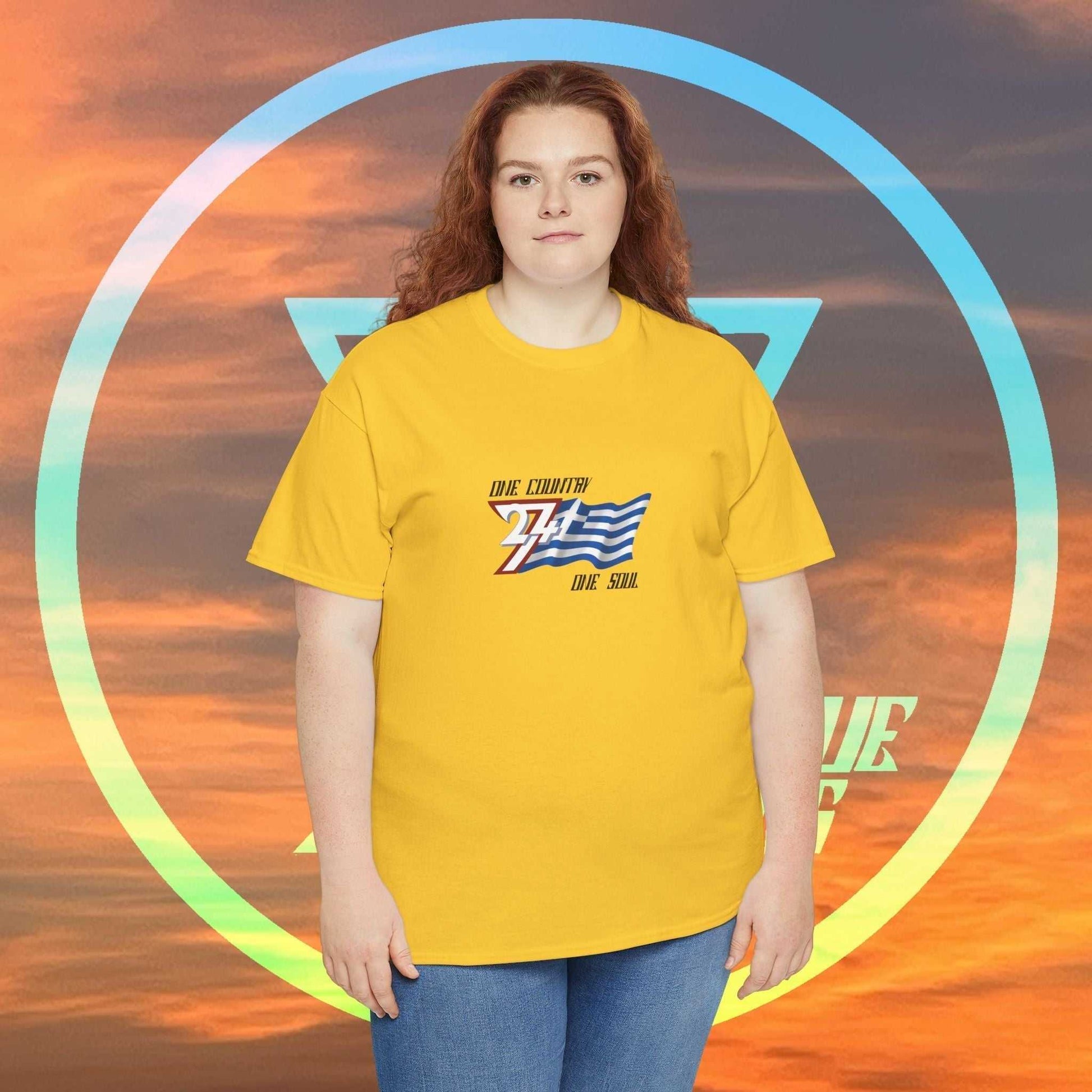 Female model wearing the Greece "Aegean" edition tee in yellow, showing a modern streetwear fit for Greek pride.
