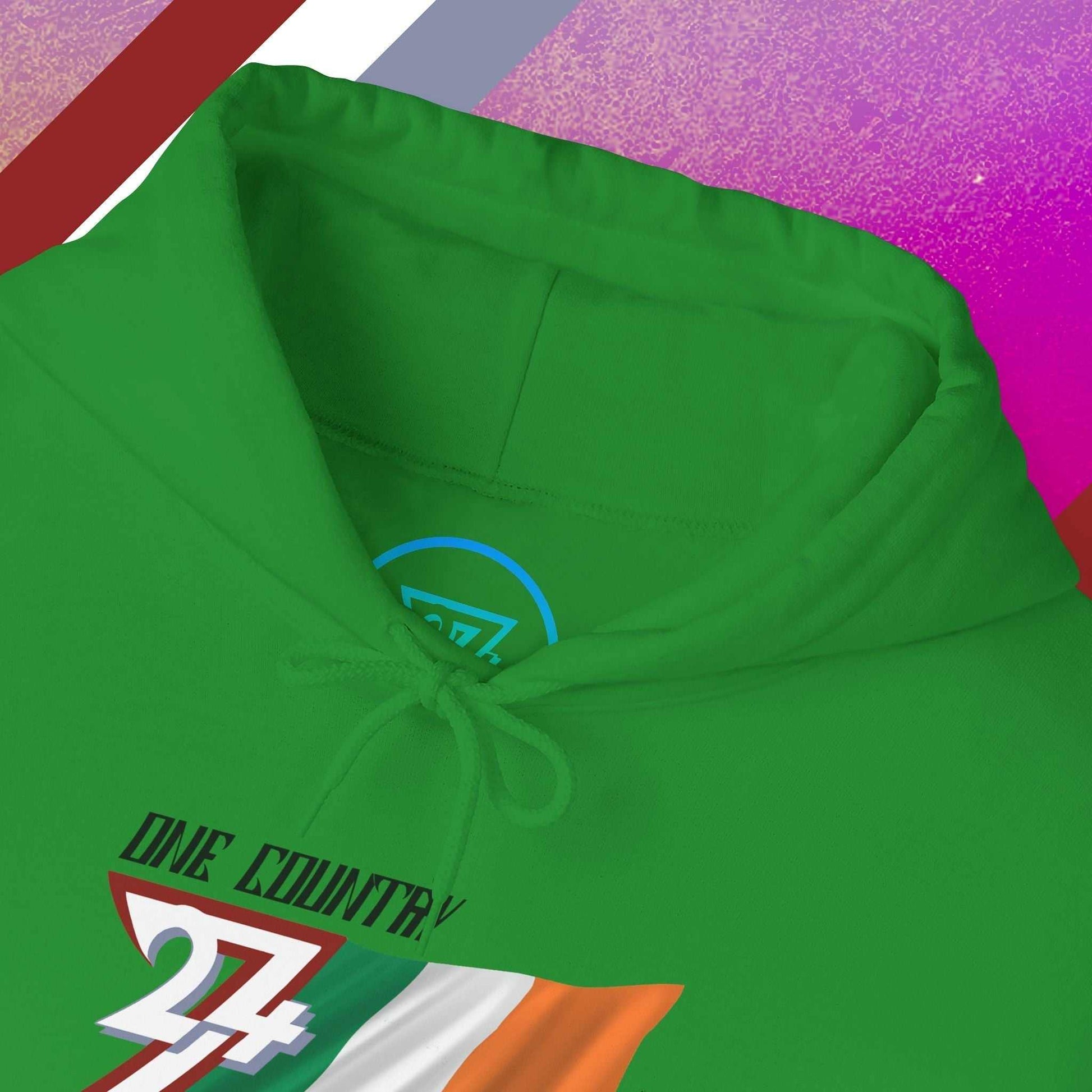 Macro close-up of the inner neck area showing the tear-away label and authentic 24/7 Unique Designs trademark logo.