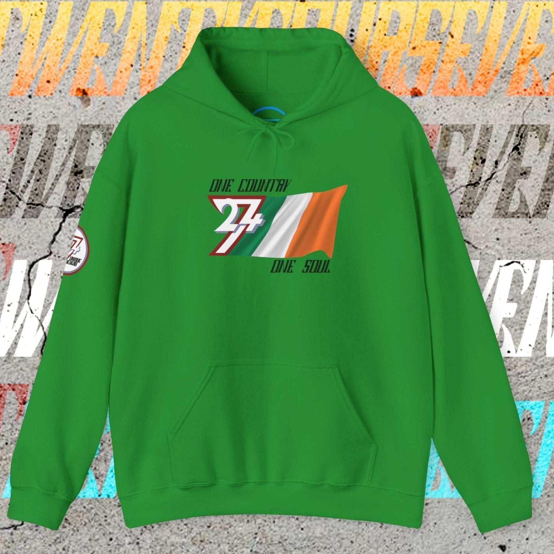 Front view of the Irish Green Éire "Resilience" edition hoodie highlighting the clean hand-drawn lines.