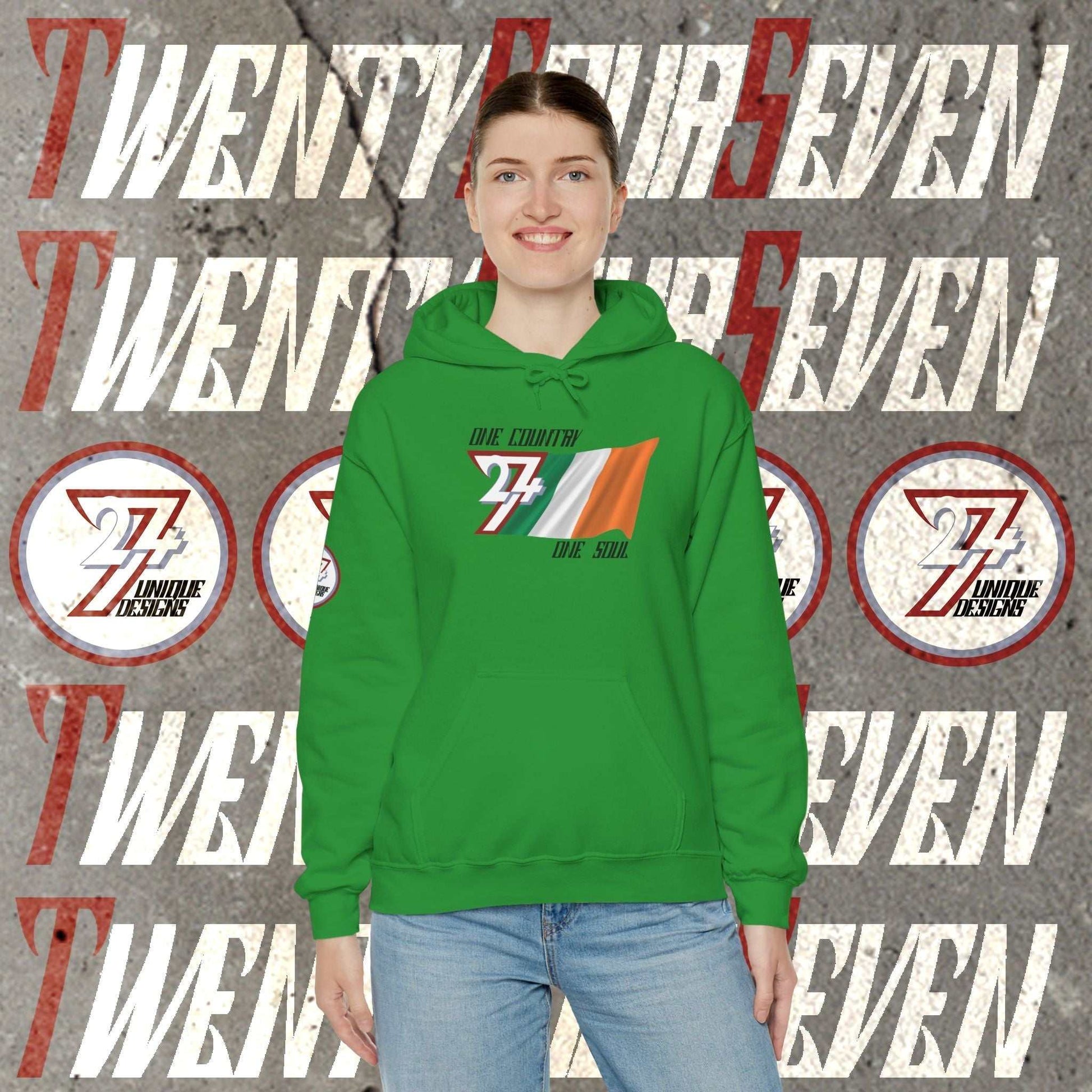 Model wearing the Éire "Resilience" edition hoodie in Green, showing a modern, refined Irish streetwear look.