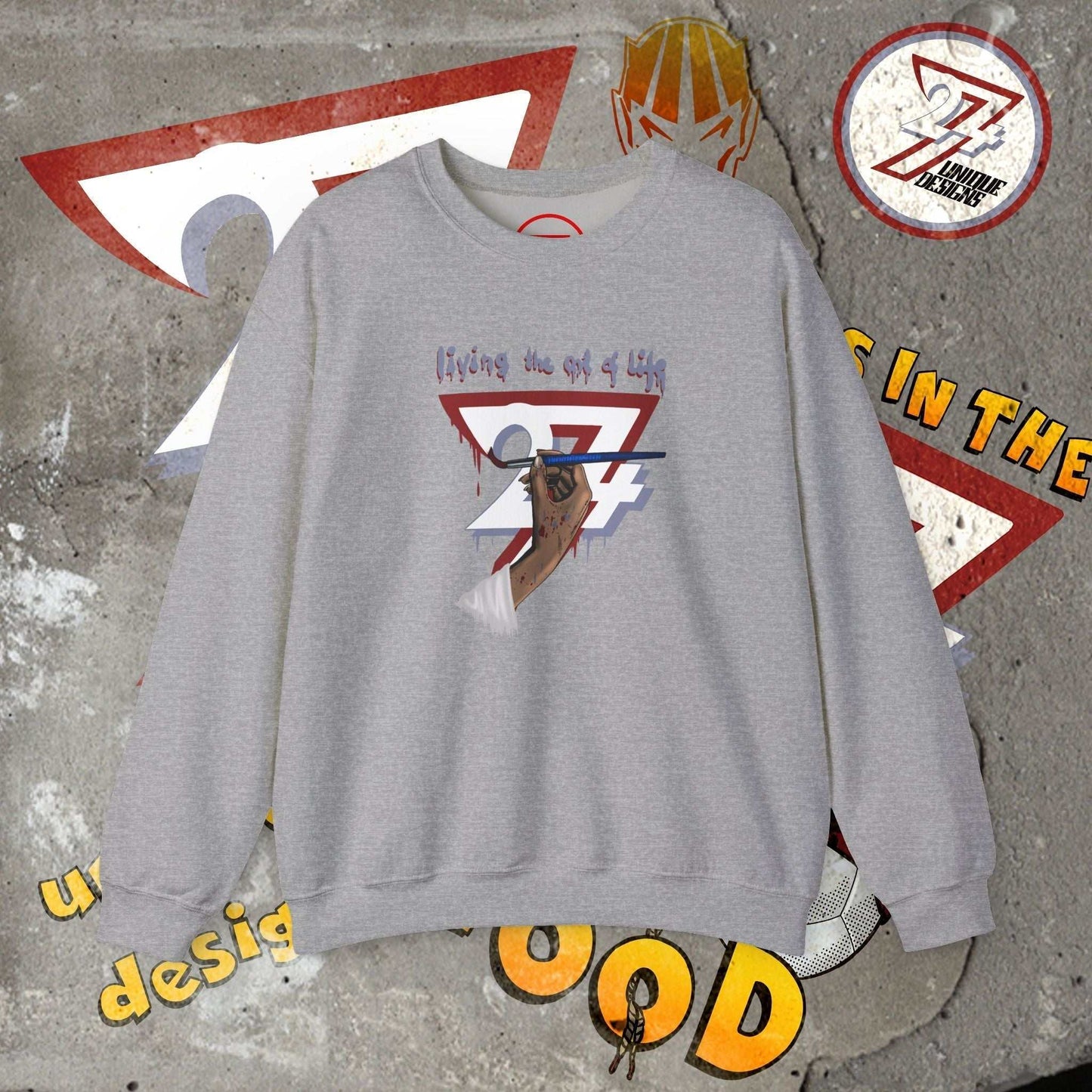 grey artist brush sweatshirt with unique hand-drawn bohemian design on front