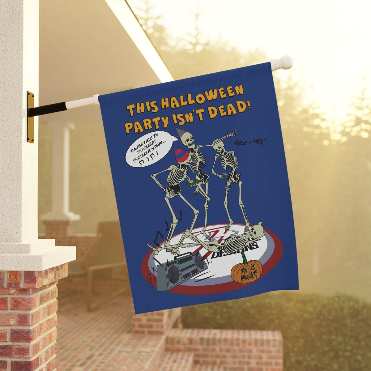Funny dancing skeleton garden banner hanging from a white house porch column, catching the soft autumn sunlight while welcoming party guests.