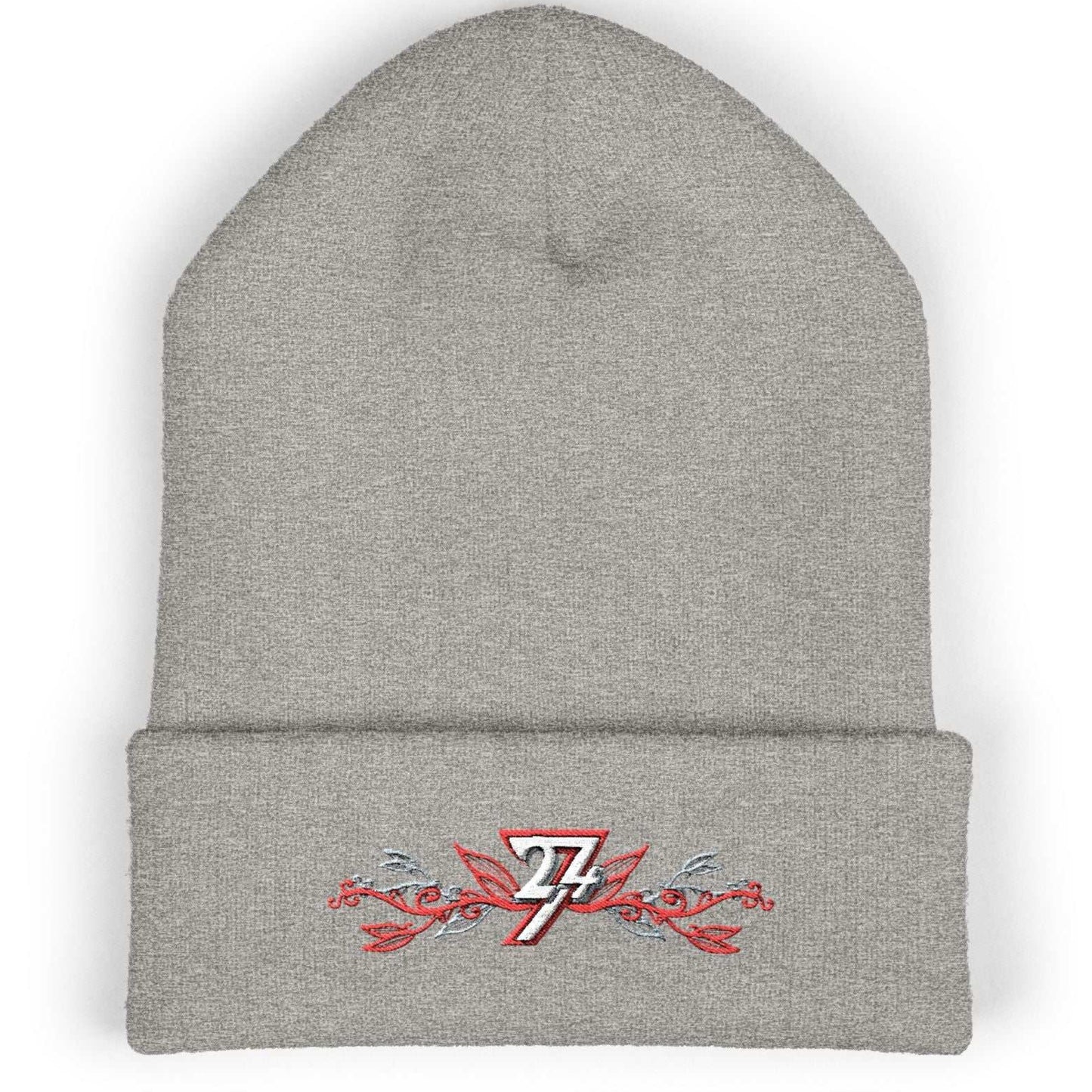 Heather gray premium cuffed winter beanie featuring the distinctive human-made floral design.