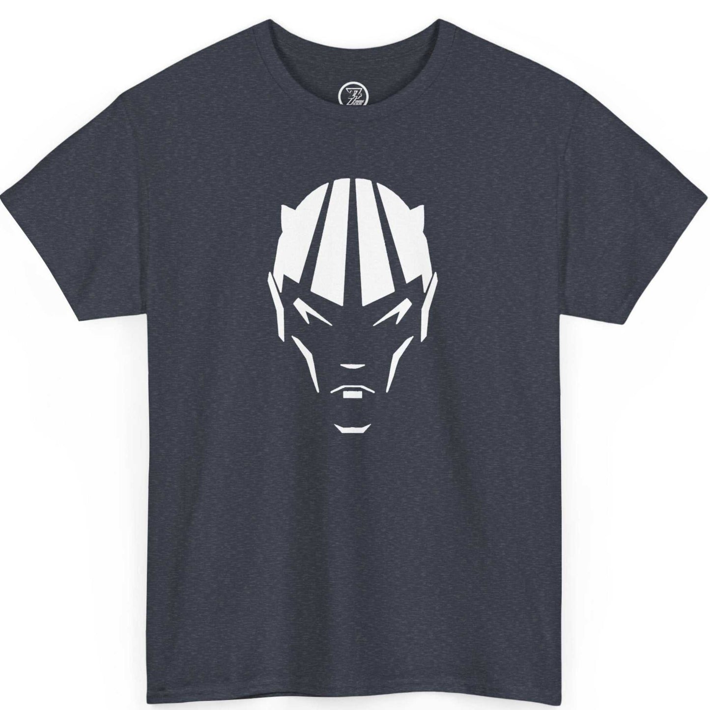 Heather navy cool gamer graphic shirt displaying the unique independent comic emblem, shown on a clean background.