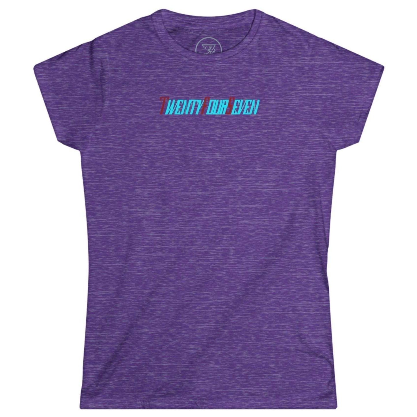 Vibrant heather purple women's comfy graphic tee with the distinctive TwentyFourSeven artist illustration.