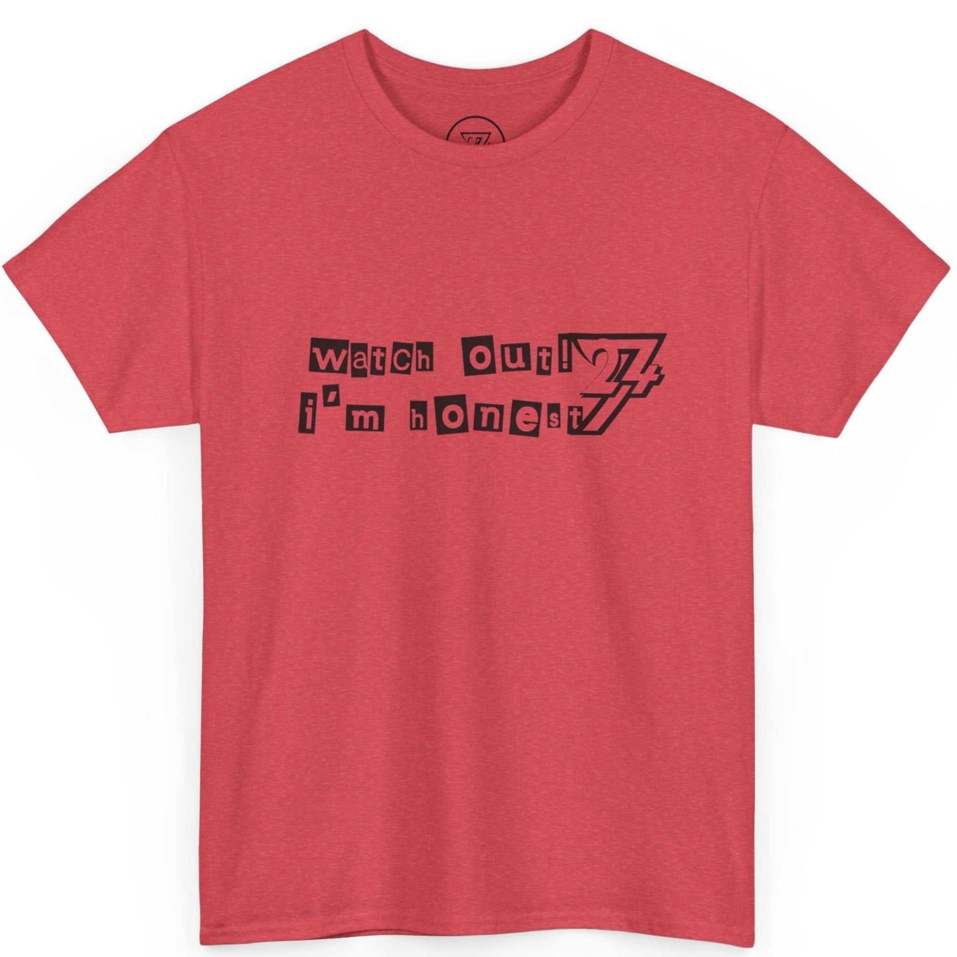 Front view of a heather red casual text tee for parties and everyday wear.