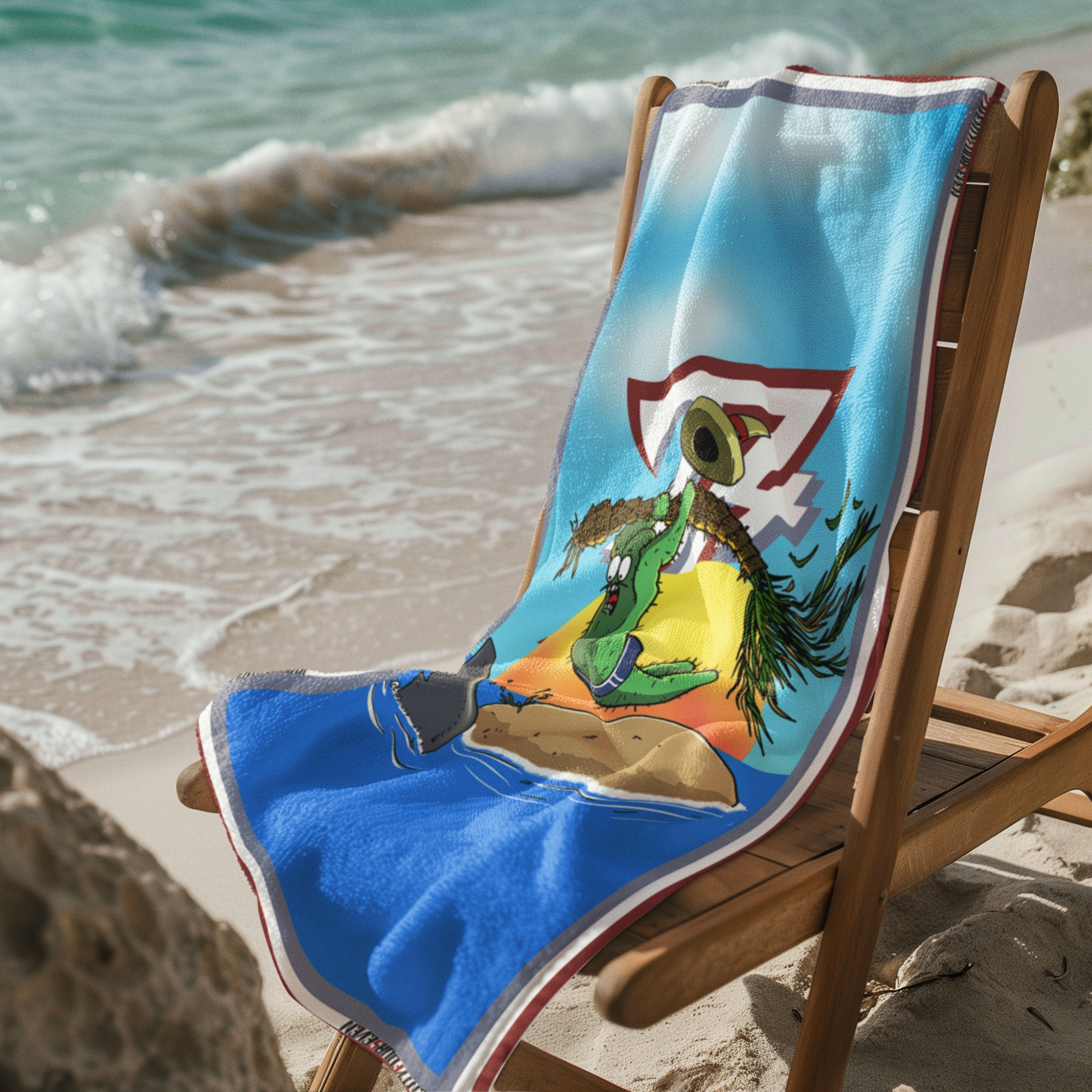Humorous beach towel displaying crisp sublimation printing of a cactus and shark island graphic.