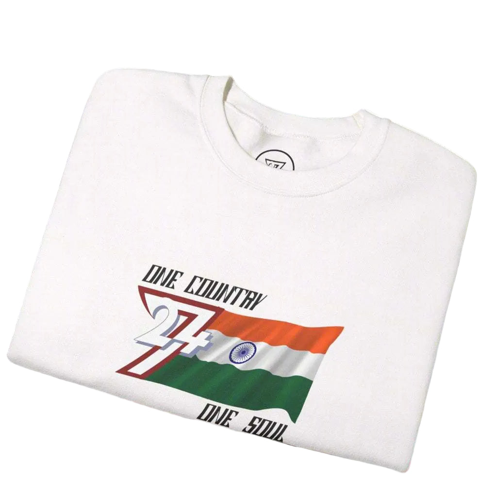 White sweatshirt with India flag design and "One country one soul" slogan on the chest