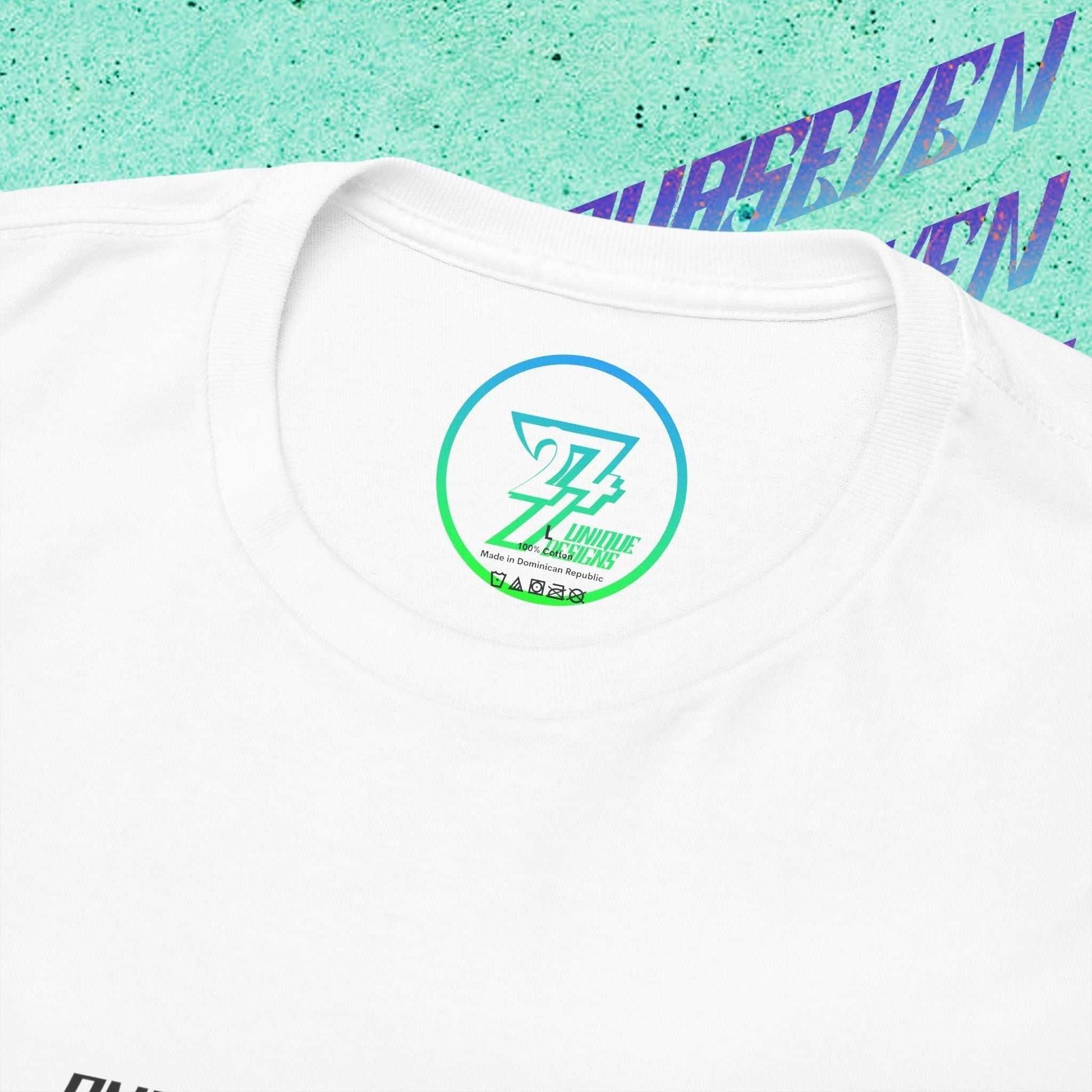 Close-up of the inner neck label showing the authentic 24/7 Unique Designs™ trademark logo on the France flag tee.