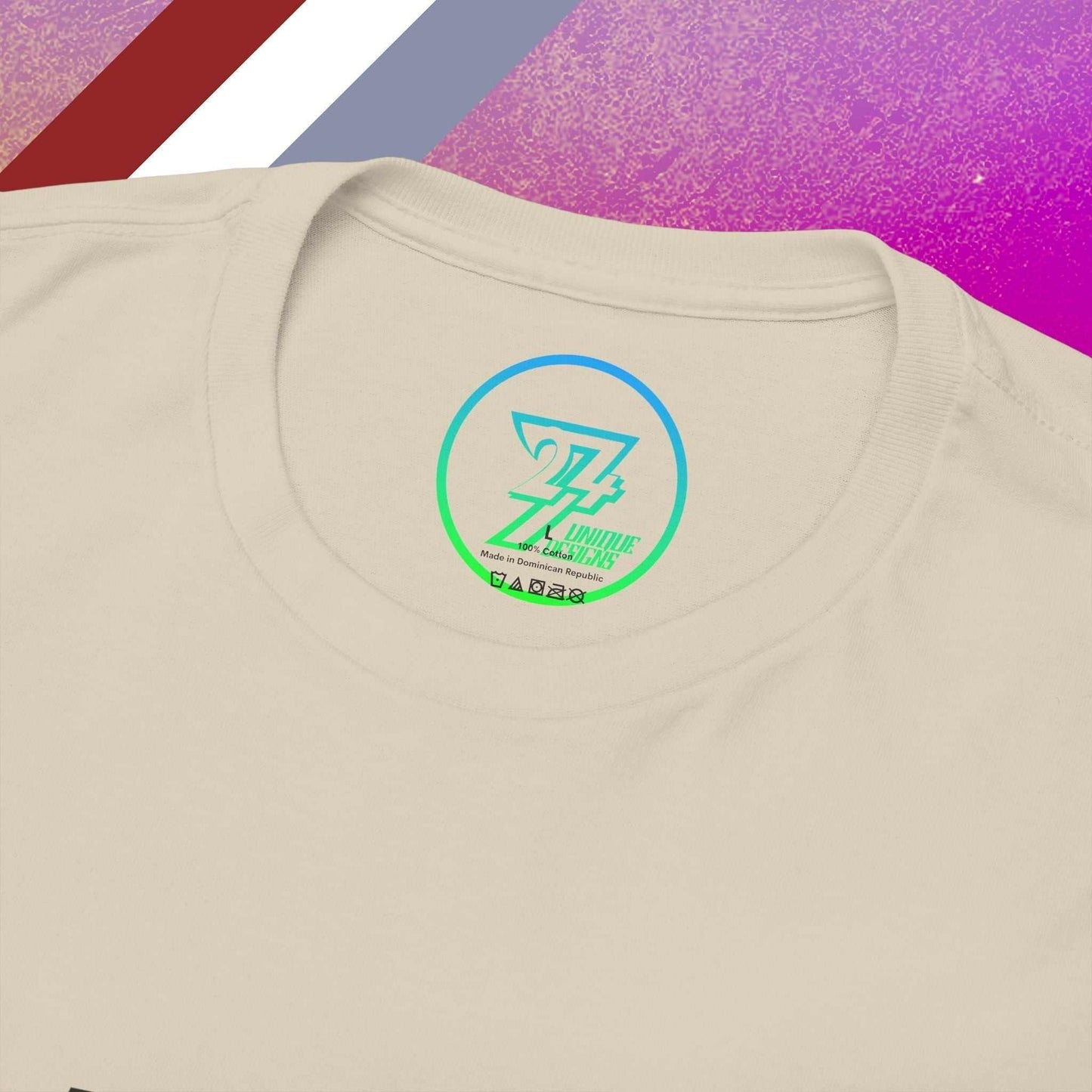 Macro close-up of the inner neck label showing the authentic 24/7 Unique Designs™ trademark logo on the England flag tee.