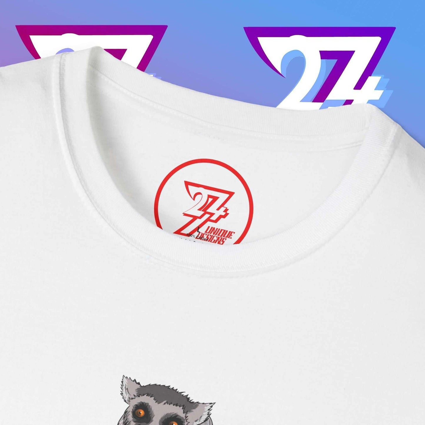 Detailed macro shot of the inner neck showing the 24/7 Unique Designs™ trademark logo on the Lemur L’Amour Valentine's tee.
