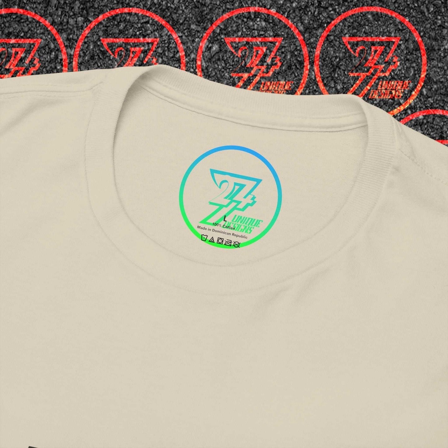 Macro close-up of the inner neck label showing the authentic 24/7 Unique Designs™ trademark logo on the Denmark flag tee.
