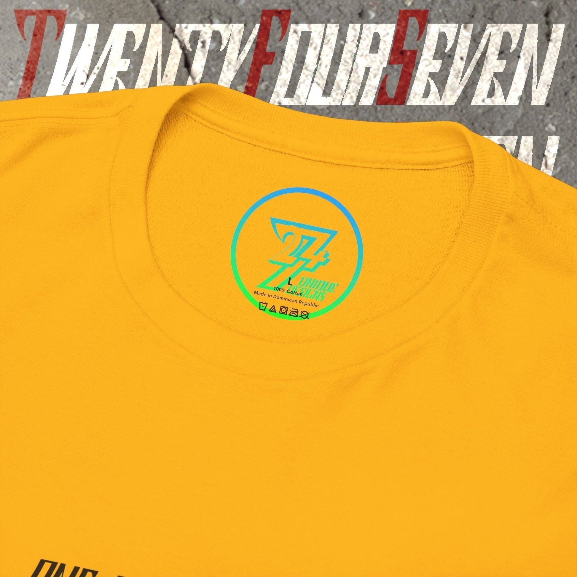 Macro close-up of the inner neck label showing the authentic 24/7 Unique Designs™ trademark logo on the Brazil flag tee.