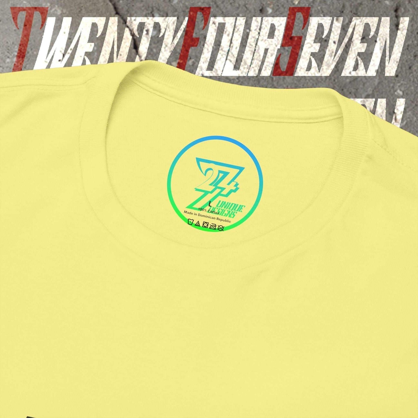 Macro close-up of the inner neck label showing the authentic 24/7 Unique Designs™ trademark logo on the UAE flag tee.