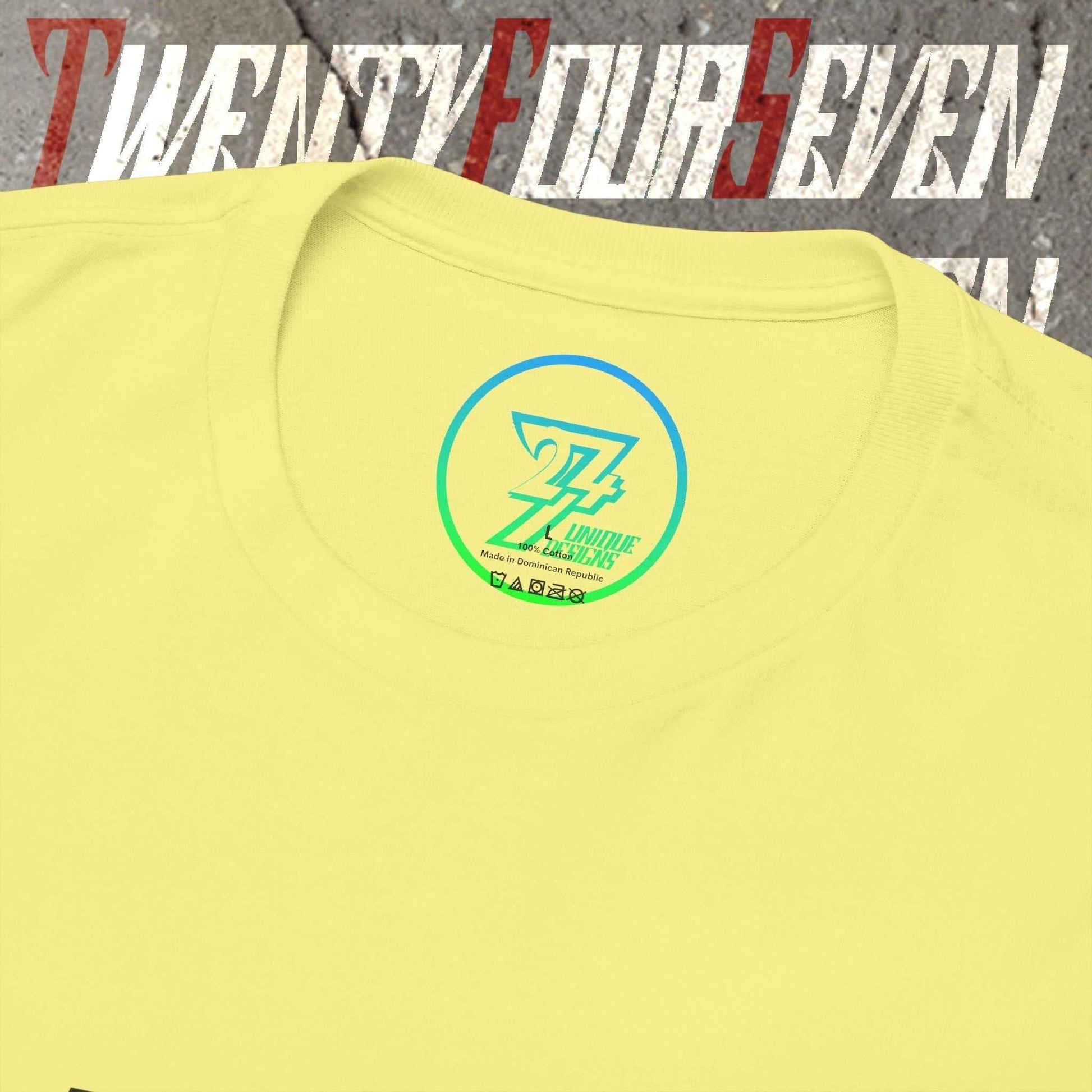 Macro close-up of the inner neck label showing the authentic 24/7 Unique Designs™ trademark logo on the UAE flag tee.