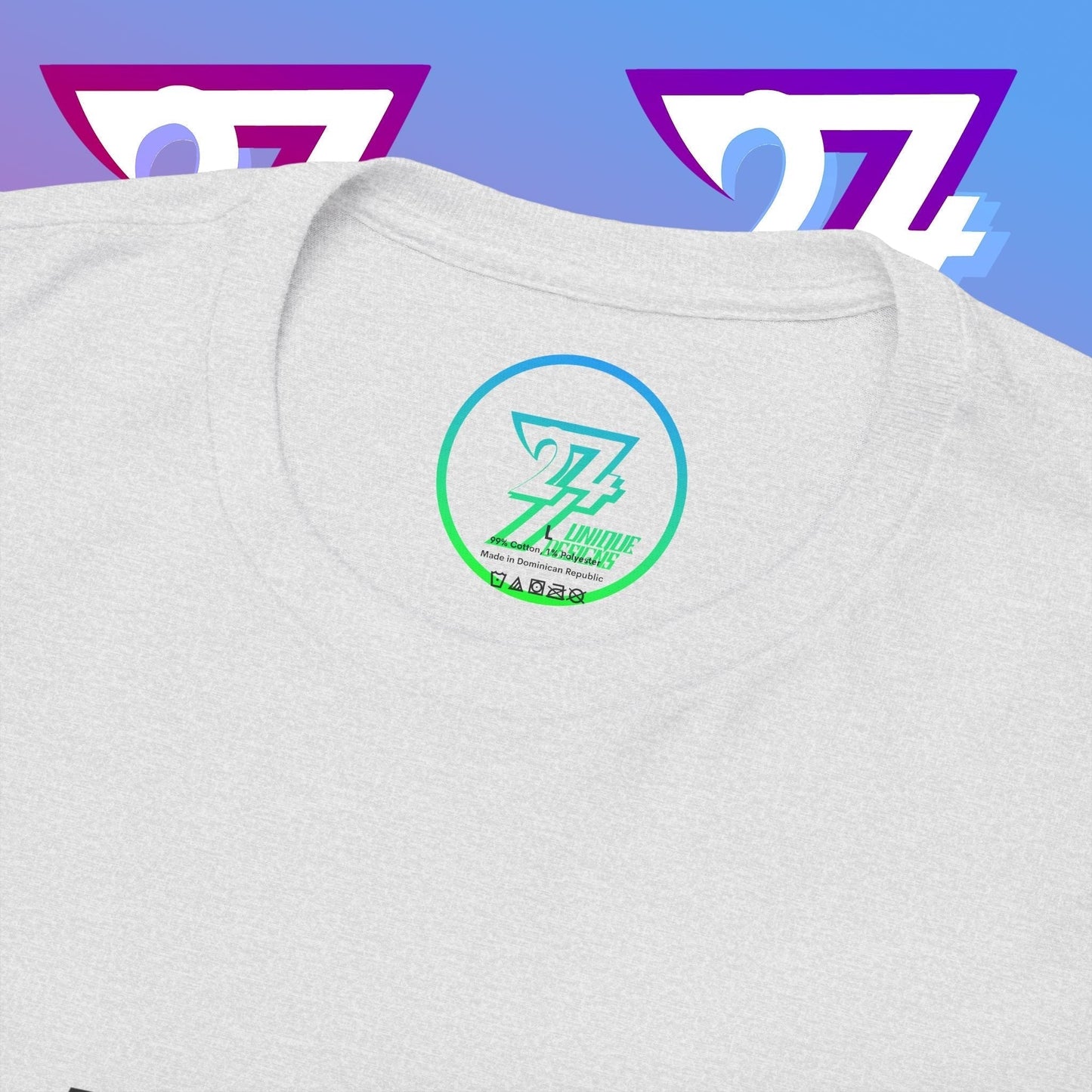 Macro close-up of the inner neck label showing the authentic 24/7 Unique Designs™ trademark logo on the Iceland flag tee.