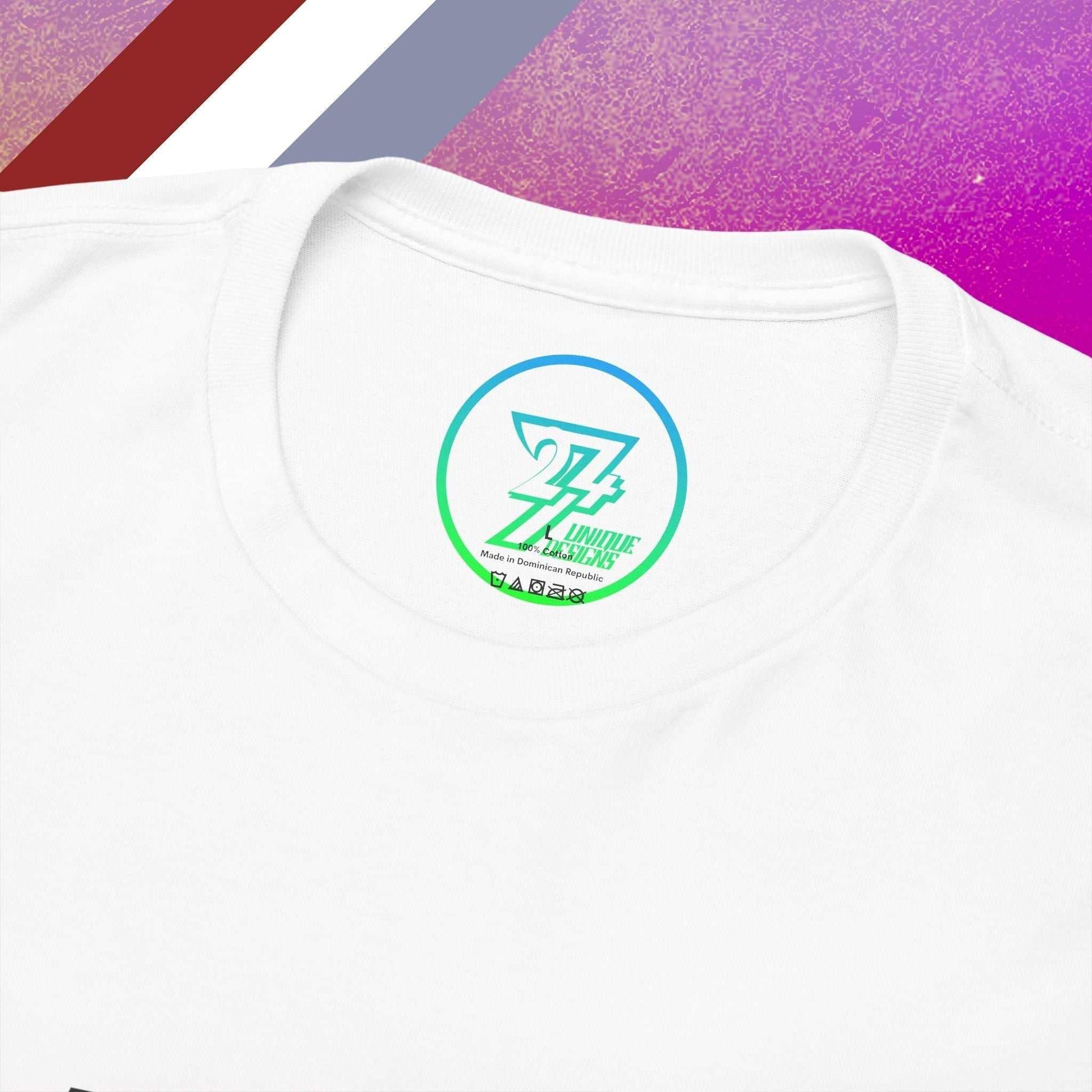 Close up inner neckline view of the white Hungary Graphic Tee with hand-drawn Magyar Spirit tricolor and "One Country One Soul" slogan in red white green