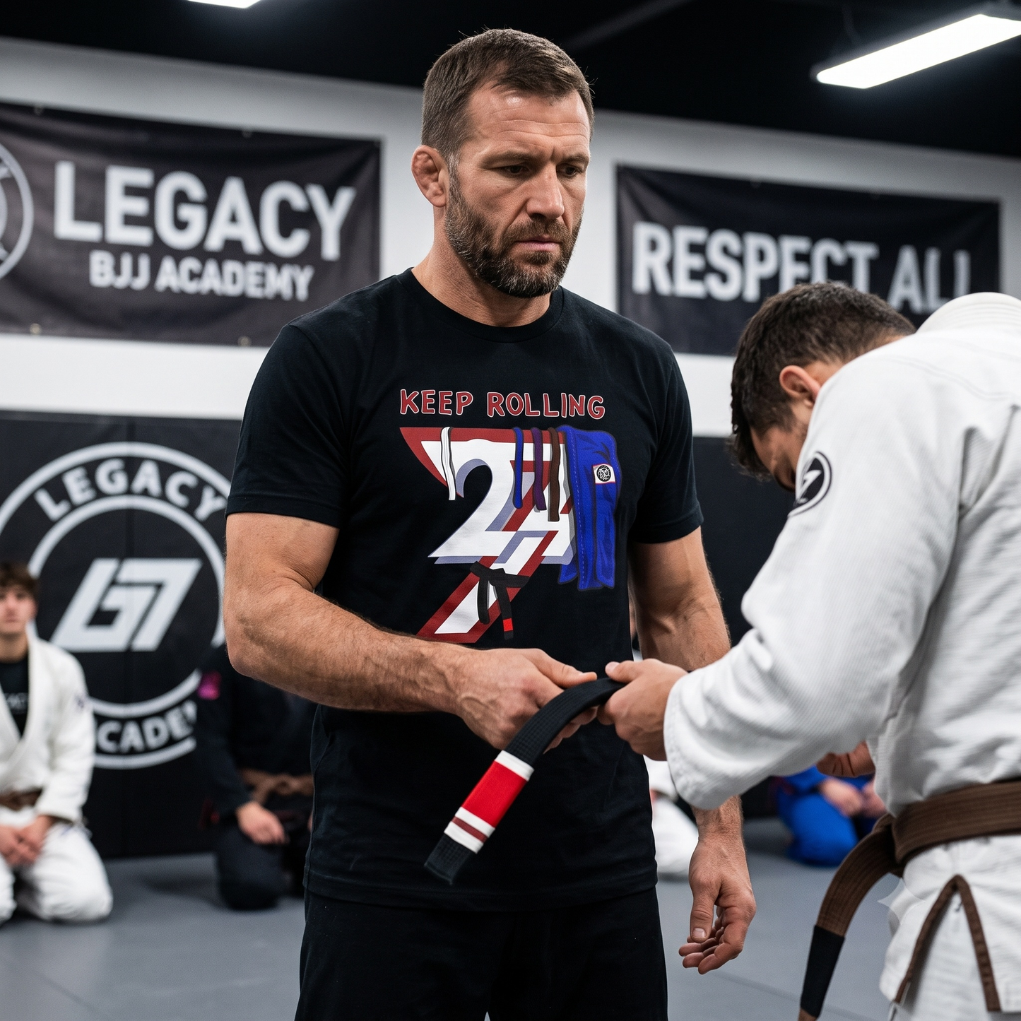 Male BJJ black belt instructor wearing the black Keep Rolling lifestyle tee, standing on the academy mats while handing a newly earned belt to a student.