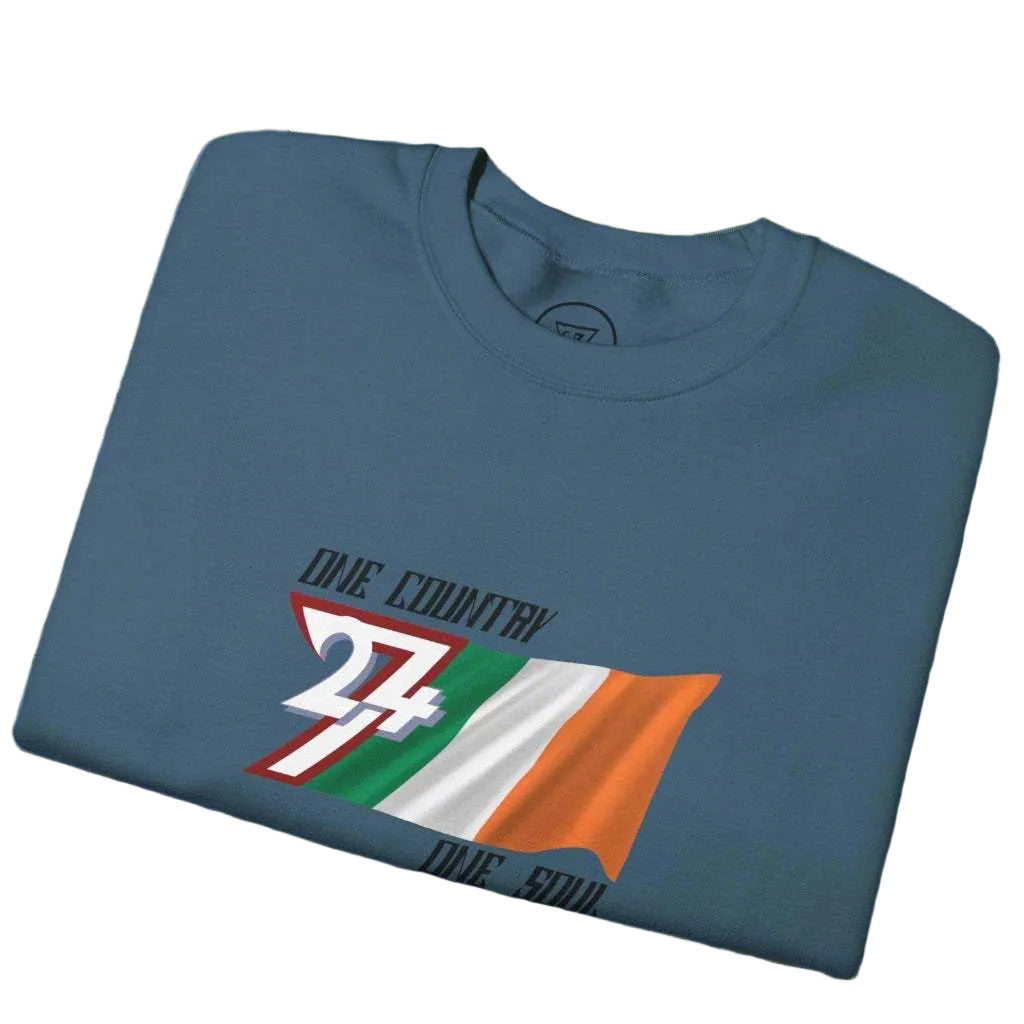 Folded unisex sweatshirt with Ireland flag and "One nation one soul" slogan in patriotic design