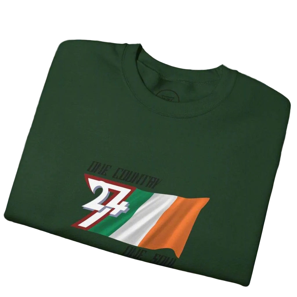 Green unisex sweatshirt featuring Ireland flag and "One Nation One Soul" slogan.