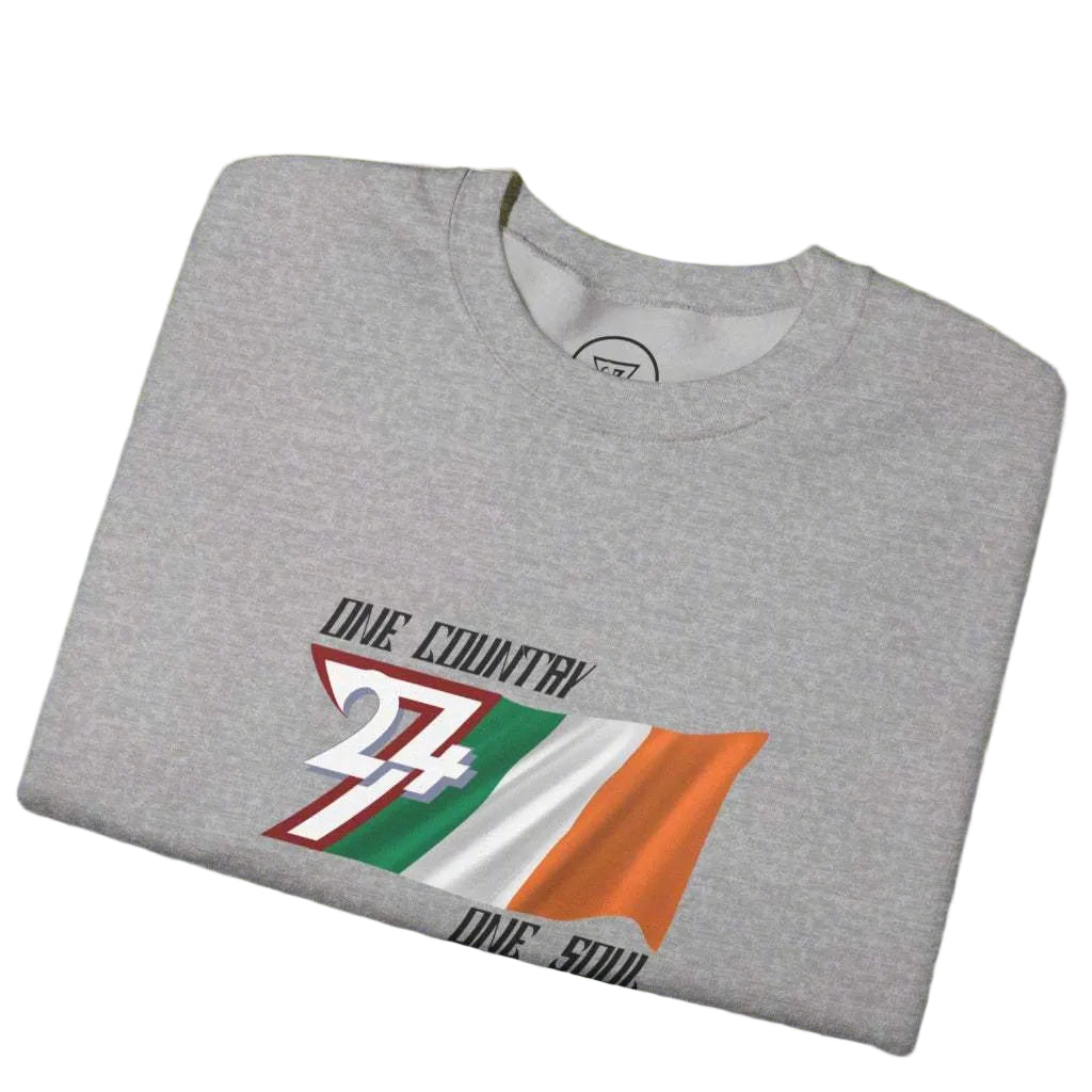 Grey unisex sweatshirt with Ireland flag and "One country one soul" slogan printed on front.