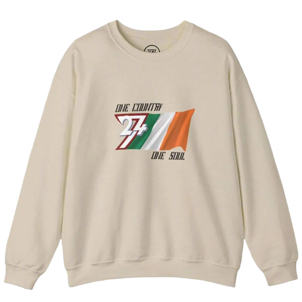 Unisex cream sweatshirt featuring Ireland flag with "One country one soul" slogan, soft cotton-polyester blend.