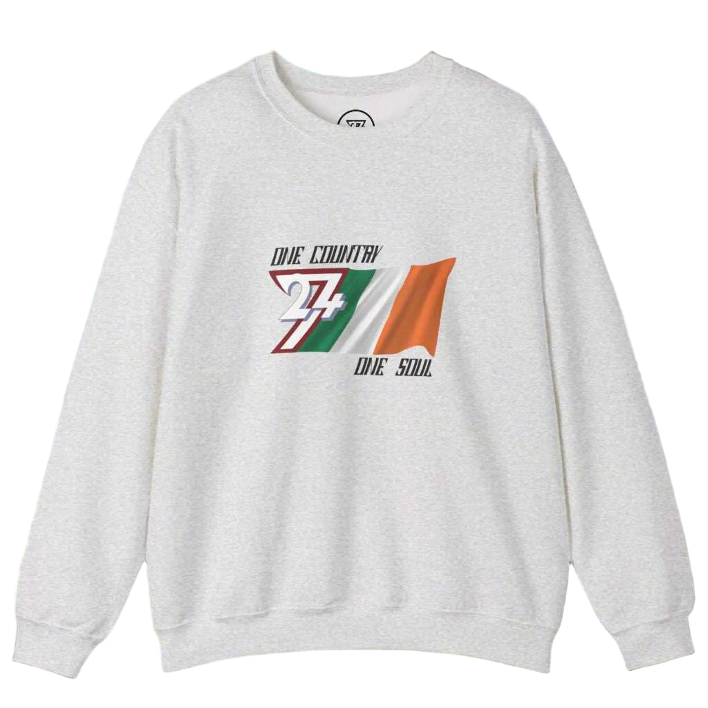 Unisex light gray sweatshirt featuring Ireland flag and "One nation one soul" slogan in patriotic design