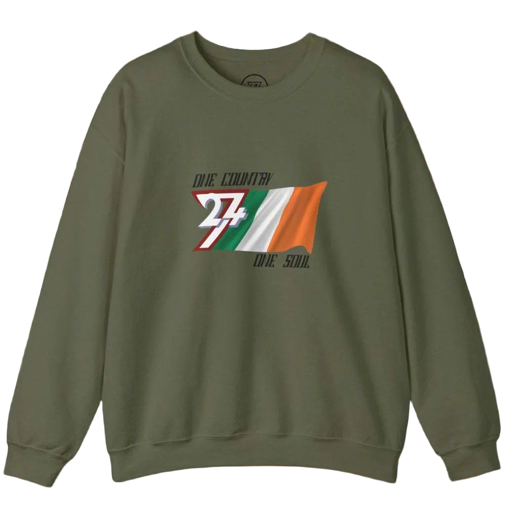 Unisex olive sweatshirt featuring Ireland flag and "One nation one soul" slogan for national pride